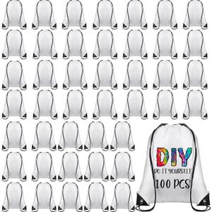 Sieral 100 Pcs Sublimation Drawstring Bags Bulk White Blank Drawstring Backpacks Reusable Gym Sport Sinch Sack Backpack Heat Press DIY Crafts for Kids Adults Traveling Home Gift