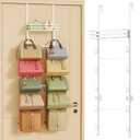 Over The Door Purse Organizer - Wall Mounted Purse Rack with 10 Hooks and Metal Basket, Hanging Handbag Organizer Holds up to 10 Bags, Bag Rack Can Use As 1/ 2 Part, for Door, Closet (White)