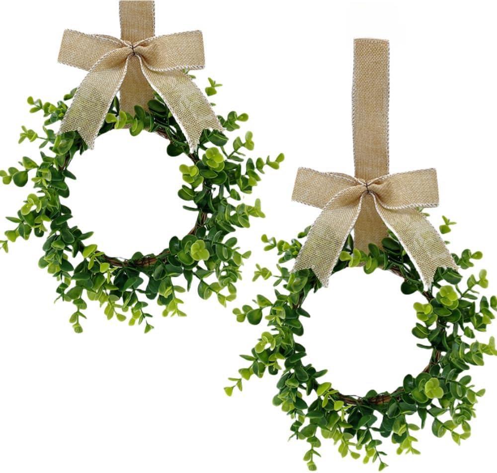 2 Pcs 12inch Mini Boxwood Wreaths Artificial Spring Summer Greenery Wreath for Front Door Farmhouse Kitchen Cabinet Wreaths with Burlap Ribbon for Porch Wall Window Decor (Green)