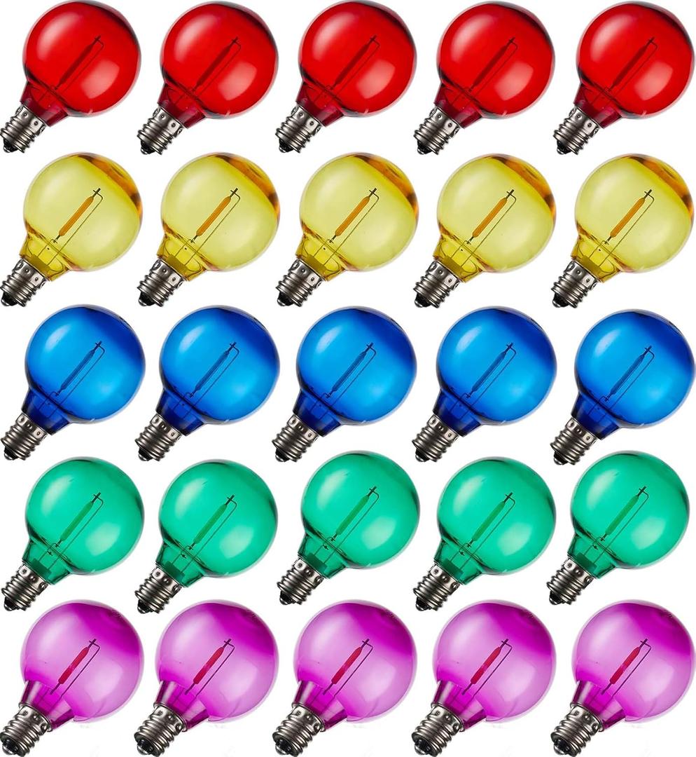 G40 Multicolor Led Outdoor String Light Bulbs,Shatterproof Waterproof, E12 Base Replacement Bulbs,Plastic 0.6W 120V 2700K 25 Pack.