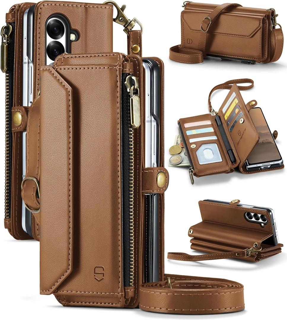 Wallet Case Compatible with Samsung Galaxy Z Fold 7 with RFID Blocking Card Holder Slot Soft PU Leather Shoulder Strap Zipper Pocket Purse Galaxy Z Fold7 Phone Case, Brown