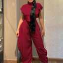 Ekaliy Casual Two Piece Sets For Women Mock Neck Short Sleeve Crop Tops and Palazzo Pants Set Summer Outfits (Red, L)