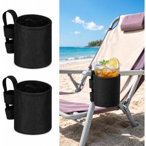 2 Pack Black Beach Chair Cup Holders 4.1x3.5in Camping Chair Drink Holder Portable Universal Drinking Water Bottle Organizer Accessories for Outdoor Summer Beach Camping Fishing Pool Picnic Loungers