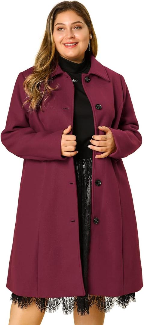 Agnes Orinda Women's Plus Size Single Breasted Belted Winter Long Coat (2X, Burgundy)