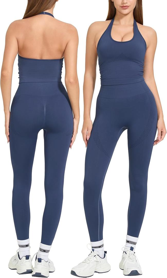 MOOSLOVER Women 2 Piece Workout Sets Halter Sports Bra Butt Lifting Leggings Gym Yoga Outfits (Medium, Blue)