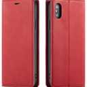 QLTYPRI for iPhone X iPhone Xs Case, Premium PU Leather Cover TPU Bumper with Card Holder Kickstand Hidden Magnetic Adsorption Shockproof Flip Wallet Case for iPhone X iPhone Xs (5.8 inch) - Red