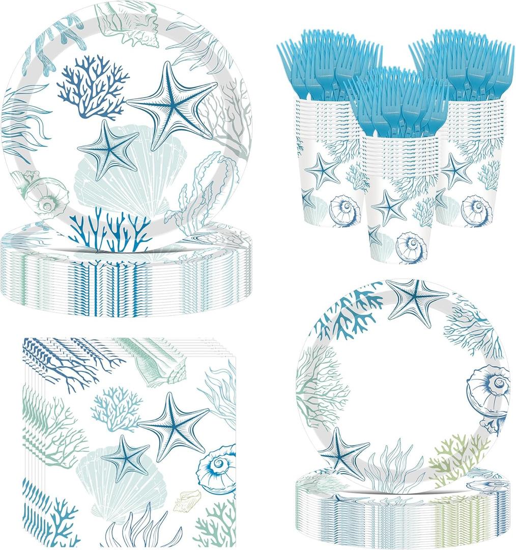 120Pcs Ocean Seashell Party Plates Supplies - Beach Style Tableware with Starfish & Coral Designs, Paper Plates, Napkins, Forks for Birthday, Baby Shower, Summer Coastal Party (Serves 24)