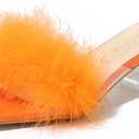 Women's Square Toe Heeled Sandals Low Block Chunky Heels Clear Mules Fluffy Feather Slip on Wedding Bridal Party Dress Shoes (9.5, Orange)