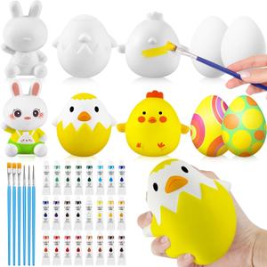 Poen 12 Pcs Easter Egg Bunny Coloring Decorating Dye Kit with Paints, Easter Squeeze Slow Rising White Eggs Chicken Rabbits Toys Coloring Craft Kit DIY Make Your Own Crafts Party Favors Supplies
