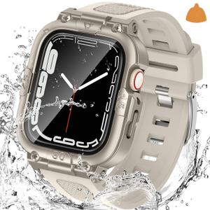 Goton 3 in 1 Waterproof Case and Band with Tempered Glass Screen Protector for Apple Watch Series 10 9 8 7 6 5 4, Apple Watch Ultra 2, Ultra, SE2, SE, Protective Bumper Cover Soft Band (Starlight)