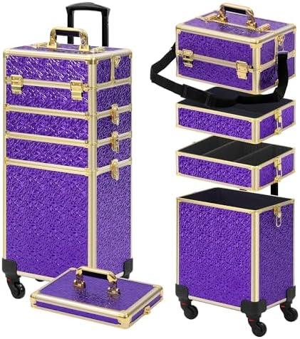 Somduy Rolling Makeup Case, Makeup Train Case with Lid, 5 in 1 Cosmetology Case on Wheels, Christmas Gift, Large Makeup Organizers, Profesional Cosmetic Case for Salon Barber, Purple Gold