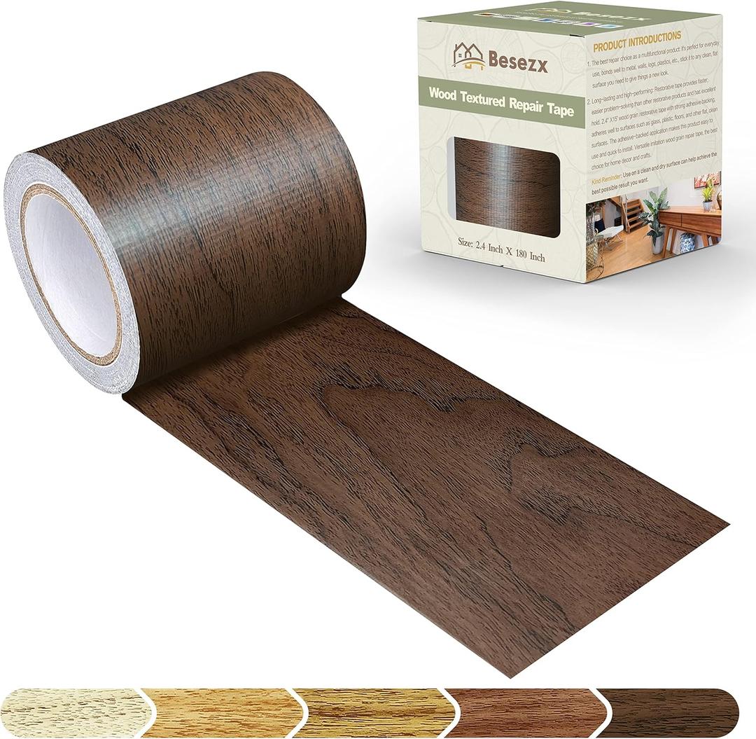 Besezx Wood Grain Repair Tape, 2.4" X180'', Self Adhesive Wood Grain Repair Patch for Tables, Chairs, Baseboards, Doors, Windows, Floors, All Kinds of Furniture Renovation, Handicraft DIY. (Dark oak)