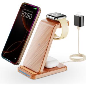 Wireless Charging Station, 3 in 1 Wireless Charger Stand for Multiple Apple Devices, Charging Dock for iPhone 16 15 14 13 12 11 Pro Max XS 8, Apple Watch 8 7 6 SE 5 4 3 2, 3/2/Pro, Wood