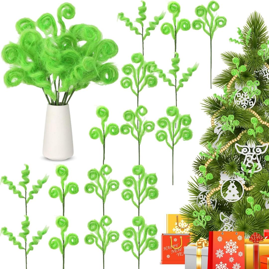 8 Pcs Lime Green Furry Picks for Christmas Tree 15'' Christmas Curly Tree Sticks Green Christmass Trees Topper Decorations Xmas Trees Fillers Branches Ornaments Stems for Holiday Xmas Decor