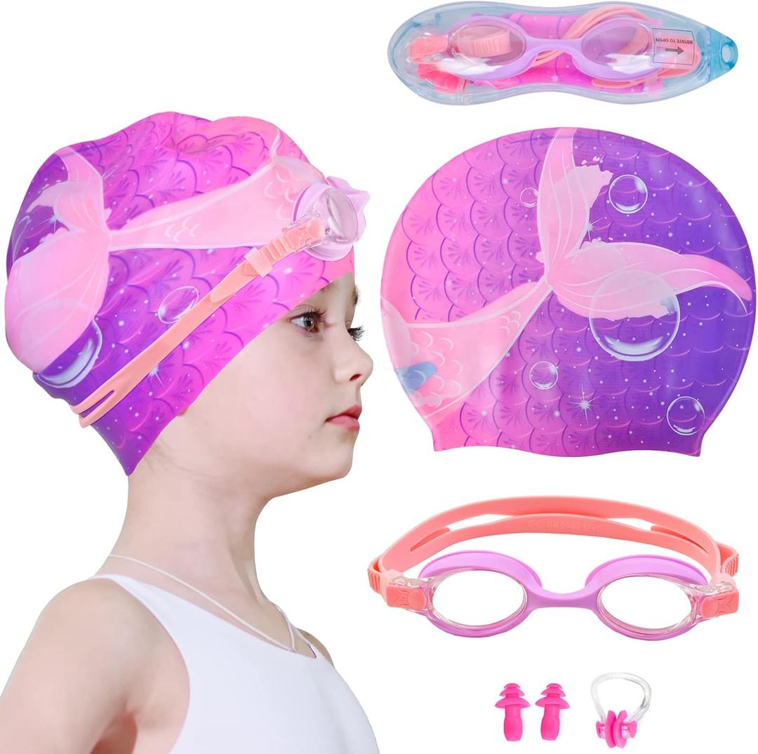 Kids Swim Caps for Girls, Toddler Silicone Swimming Cap for Kids, Durable Comfortable Swimming Caps for Girls (Age 6-12, Purple Mermaid)