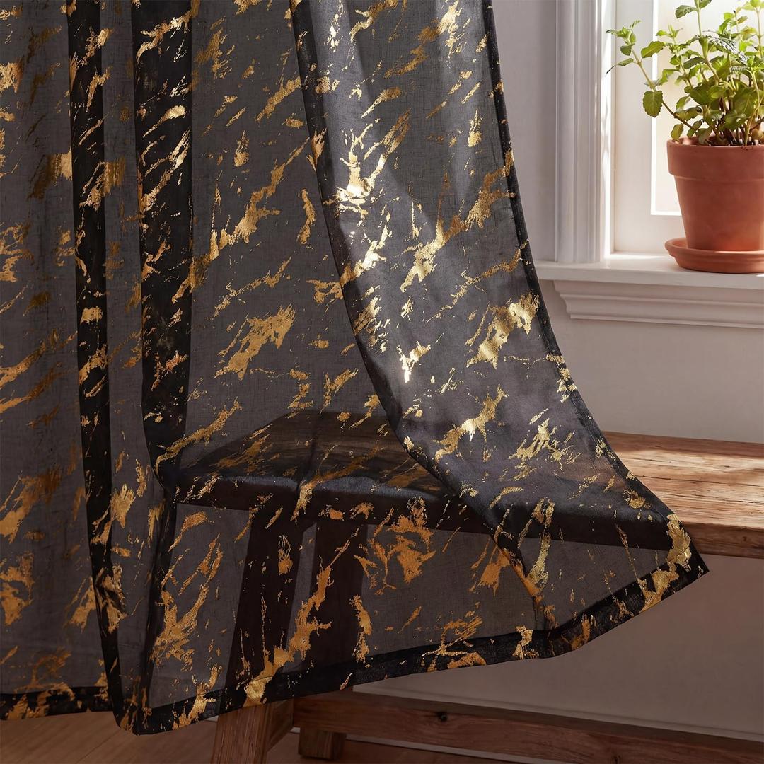 Horaldaily Marble Black Sheer Curtains 72 inches Long, Rod Pocket Gold Foil Print Metallic, Light Filtering Semi Sheer Drapes for Bedroom Living Room, 52" W x 72" L, Set of 2 Curtain Panels