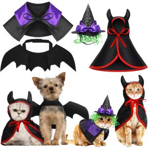4 Pcs Halloween Pet Costume Cat Dog Wizard Costume Vampire Devil Cloak with Hat Bat Wings Wizard Hat Devil Cloak Cat Small Dogs Outfits for Halloween Party Pet Cosplay