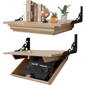 Hidden Shelf for Gun, Wall Mounted Hidden Gun Storage Shelf with Lock, Solid Wood Hidden Compartment Furniture (Natural)