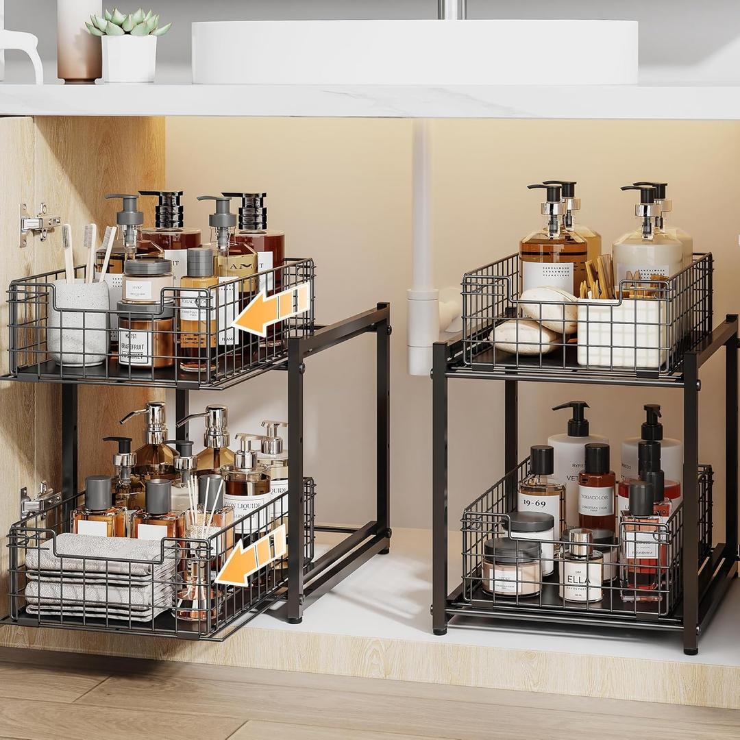 Under Sink Organizer, 2-Tier Pull Out Cabinet Organizer, Adjustable Height Bathroom Organizer and Storage, Spice Rack for Kitchen, Sliding Drawers Shelves 13.81115.8 Inch (1 Pack)