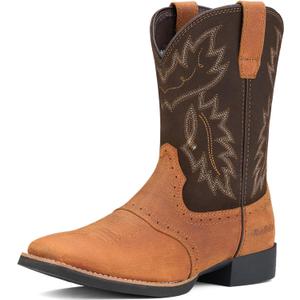 Rollda Leather Cowboy Boots for Men Western Boots Square Toe Chunky Heel Mid-Calf Boots Classic Embroidered with Pull On Tabs (12, Brown)