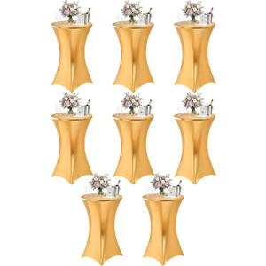 Cocktail High Top Table Covers - 32x43 Inch Fitted Spandex Round Cocktail Tablecloth for Bar Height Standing Table Cloths Reusable, for Party Wedding Banquet Event Decorations, Shiny Gold, 8 Pack