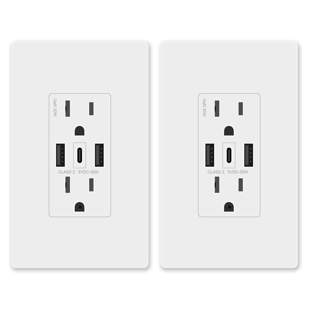 GaN 30W 6Amp 3-Port USB Wall Outlet, 15 Amp Tamper-Resistant Receptacle with 2 USB Type A & 1 Type C Port, USB Charger for iPhone/iPad/Samsung/LG/HTC, UL Listed - 2 Pack