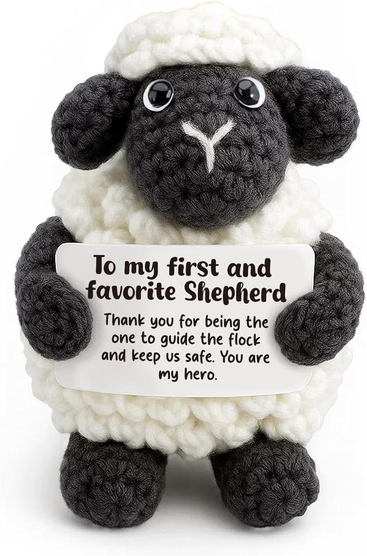 Handmade Crochet Little Black Sheep Gift for Dad from Daughter - with "My Favorite Shepherd" Card - Sentimental Father's Day, Birthday, Christmas Presents - Unique "You Are My Hero" Keepsake for Father, Papa
