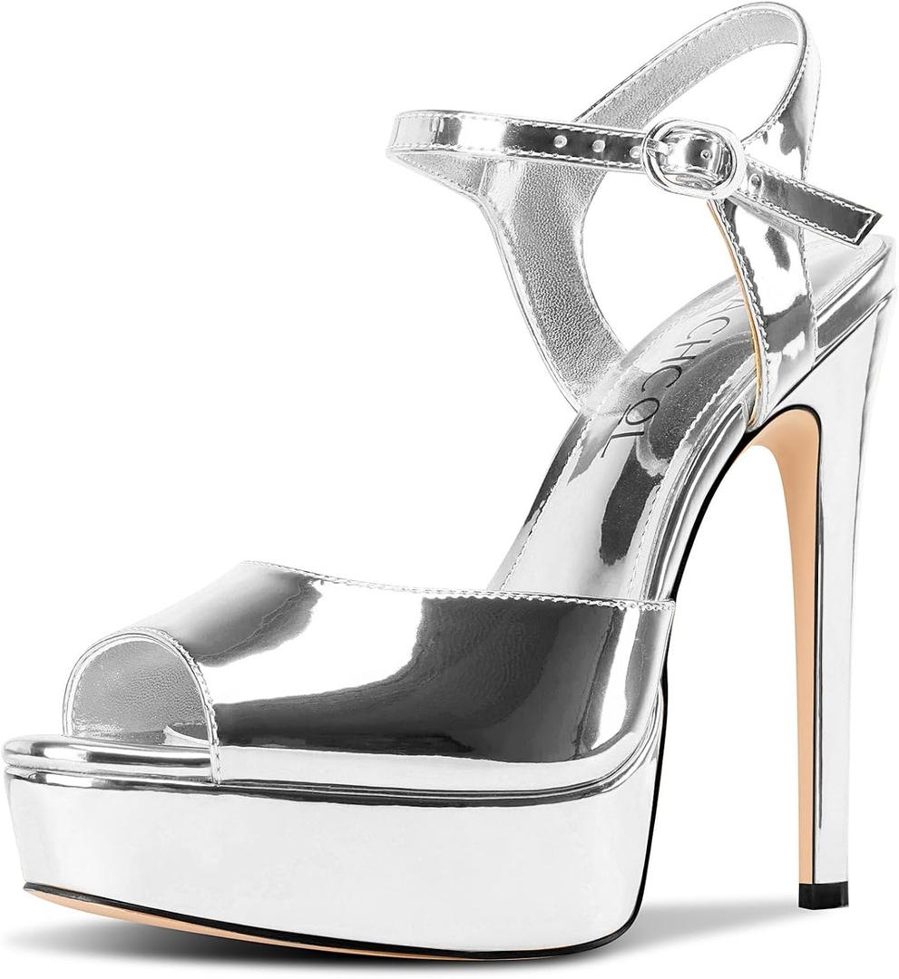 Aachcol Womens Peep Toe Platform Heels Ankle Strap Stiletto High Heel Sandals Prom Dress Shoes 5.1 Inches Heels, US 9