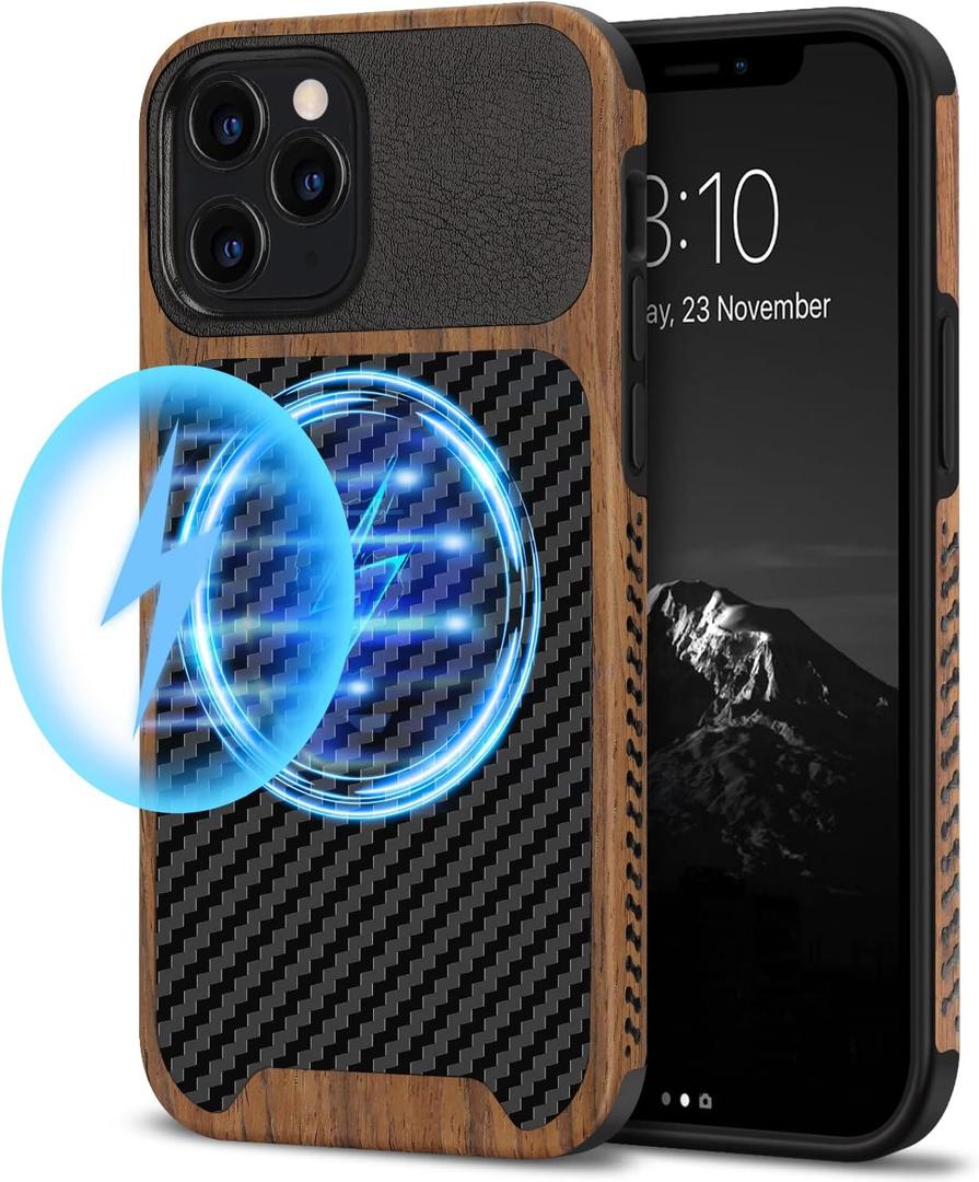 TENDLIN Magnetic Case Compatible with iPhone 12 Pro/iPhone 12 Wood Grain with Carbon Fiber Texture Design Leather Hybrid Slim Case (Compatible with MagSafe) Black