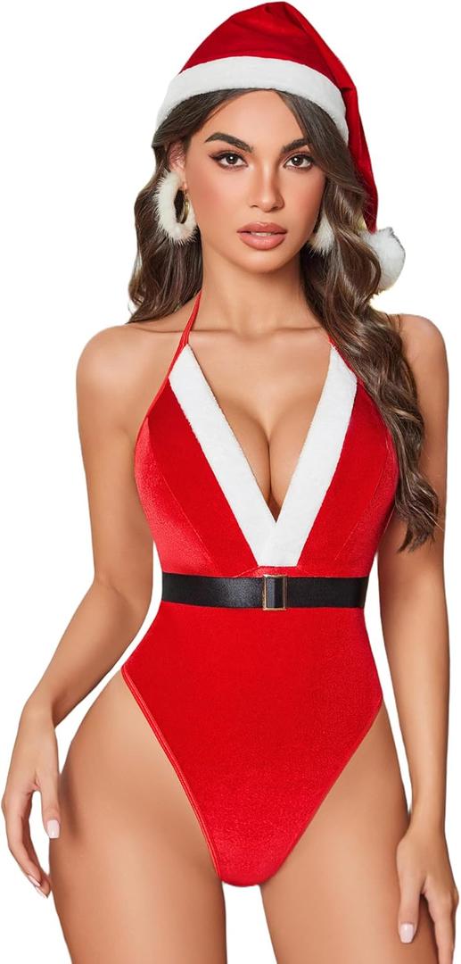 Avidlove Christmas Lingerie for Women Halter V Neck Sexy Santa Lingerie Outfits with Christmas Hat and Belt (Small, Red)