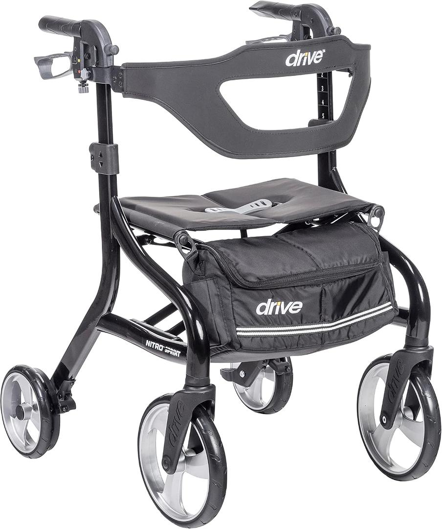 Drive Medical Nitro Sprint Foldable Rollator Walker with Seat - Lightweight Support - Large Wheels - Compact Folding Design - Adjustable Comfort - Standard Size - Black