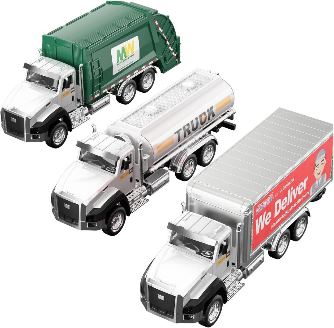 TEMI 3 Pack of Diecast City Transport Vehicles, Garbage, Tanker, Express Delivery, 1/50 Scale Metal Collectible Models With Opening Doors for Boys and Girls