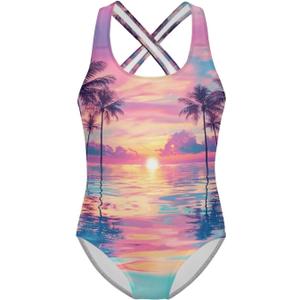 Girls One Piece Swimsuit Kids Cute Bathing Suit Quick Dry Crossback Straps Summer Swimwear for Beach Size 9-10