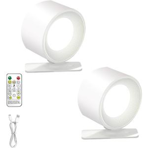 Rechargeable Wall Sconce with Remote & Touch, 360 Rotatable Battery Operated Wall Lights, 3-Color Dimmable, No Drill Adhesive, Ultra Long Battery for Bedroom Reading (White-2PC)