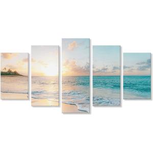 Goldfoilart 5 Pieces Beach Sunset Canvas Wall Art Blue Sea Prints Romantic Ocean Waves Pictures Painting for Living Room Bedroom Home Decorations Wall Decor Ready to Hang (12x20Inchx2pcs+12x26Inchx2pcs+12x32Inch x1pc)