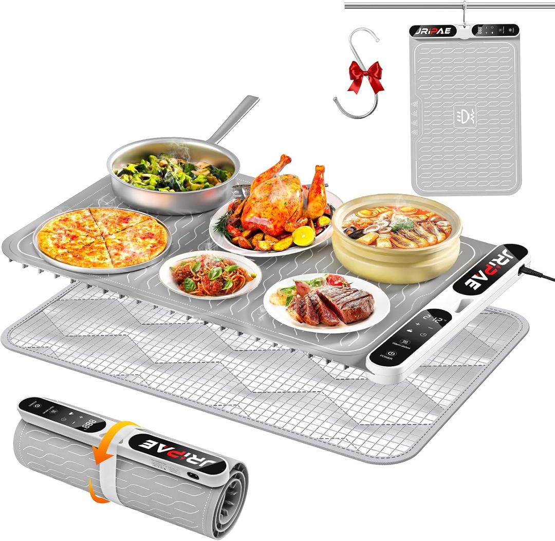 Jripae Warming Mat for Food, Fast Heating Silicone Electric Warming Tray with Heat Resistant Pad Protects Table,7 Level Temp, 8H Timer, Portable & Rollable Food Warmers for Parties Buffet, Daily Use (24*15 IN, Gray)
