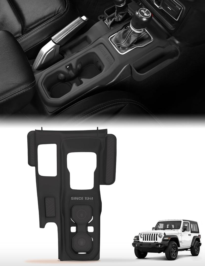 3-in-1 Silicone Center Console Liner Tray for Jeep Wrangler JL/JLU & Gladiator JT 2018-2025 | Non-Slip Cup Holder Mat & Center Console Protector Liner Pad& Side Storage Pocket (Black)