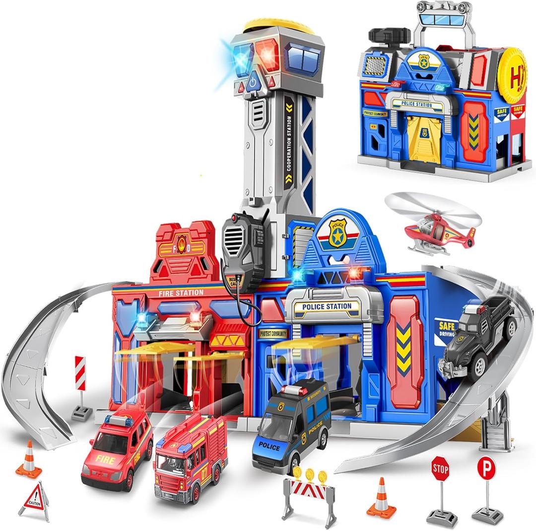 Kids Toys for 3 4 5 6 Years Old Boys, 29.5'' Large City Action Toddler Playset with Lights Sounds, Police & Fire Station Transform Track Toy with 4 Cars, Helicopter, Walkie-Talkie, Gifts for Boy Girl