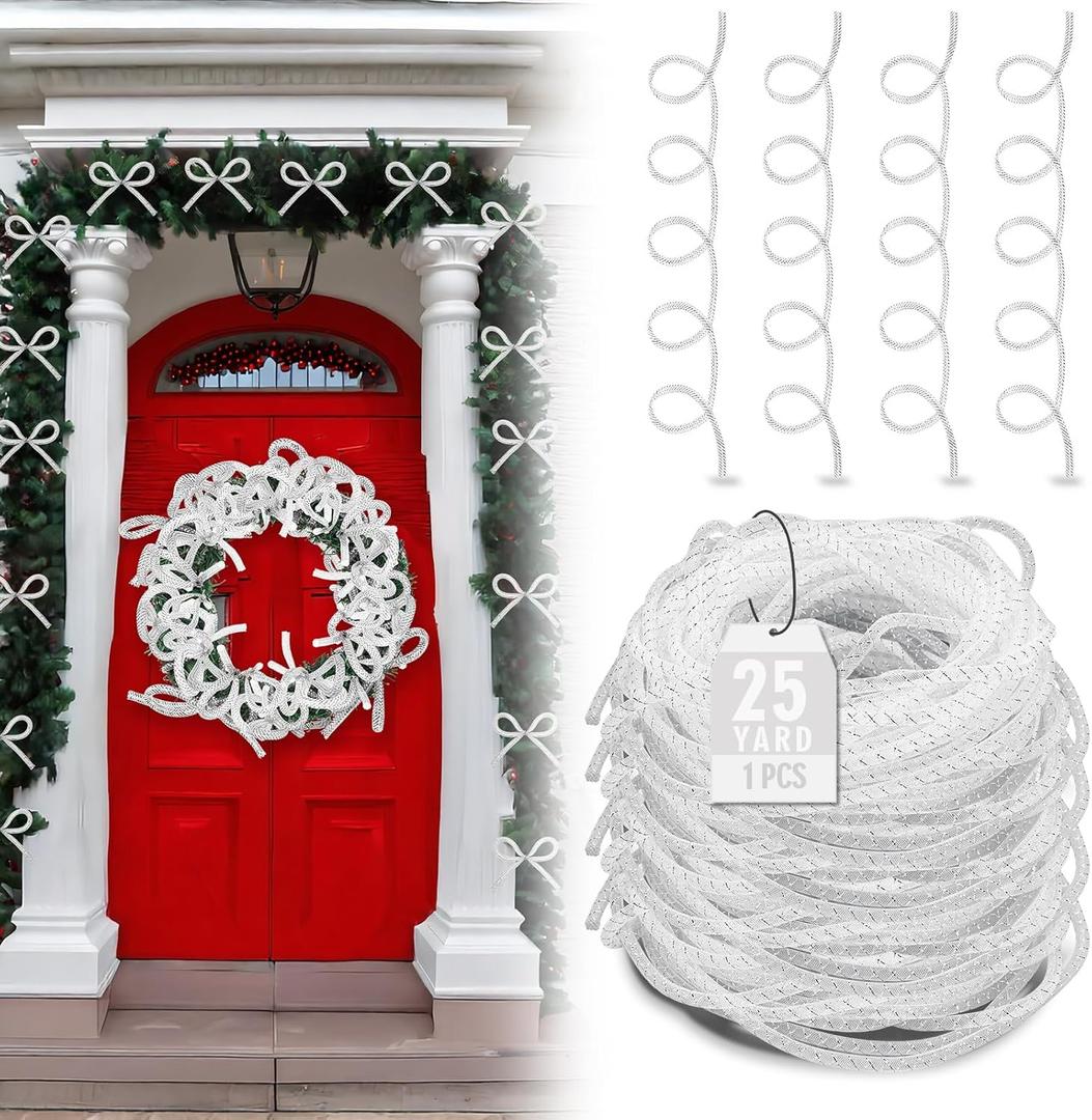 2 x Christmas Mesh Tubing for Crafts White Deco Mesh Tubing for Wreath 8 mm x 25 Yards Metallic Foil Poly Tube Flexible Metallic Foil Ribbons for DIY, Gift Wraps, Christmas Tree Decor