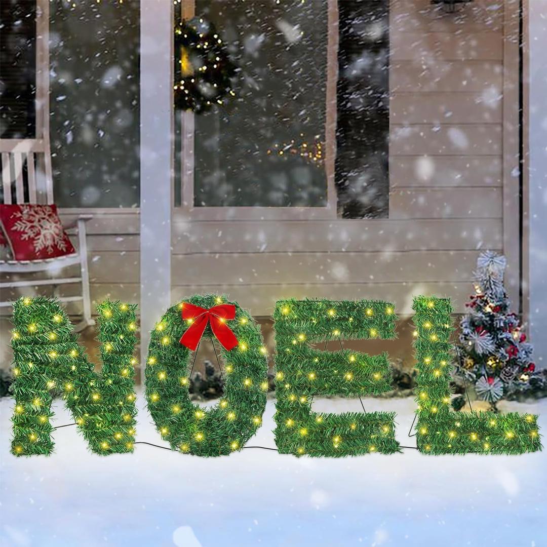 ATDAWN 4 Pc Noel Sign Christmas Decoration Set, Lighted Yard Display, Indoor/Lawn Decor, Green