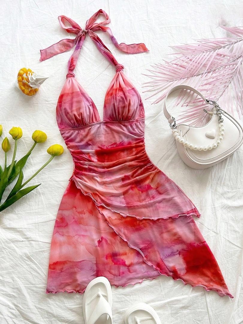 BEAUDRM Women's Floral Print Sleeveless Halter Deep V Tie Mini Dress Ruched Backless Slim Fit Cami Dresses Knot Boho Dress Pink TieDye Medium