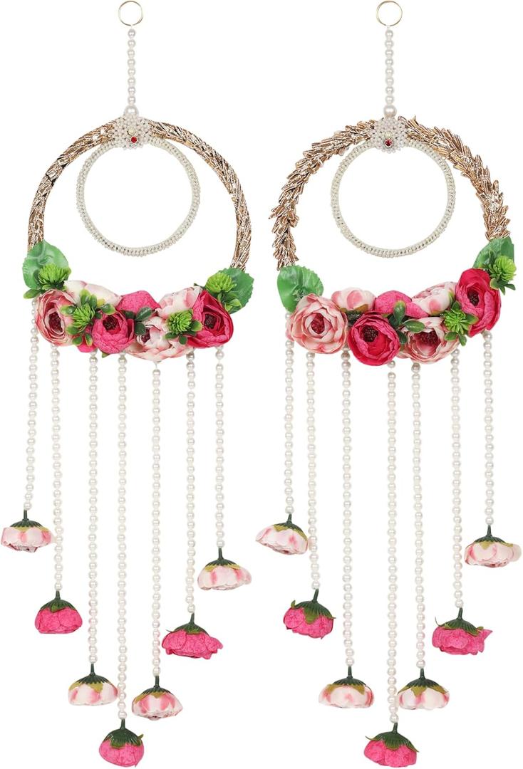 Kalakriti Wedding Door Hangings| Floral Wall Hanging with Pearls| Pooja Room Decoration Items| Back Dropper Showpiece for Indian Diwali Decor Gift Item | Multicolour, 24 inch Long, Pack of 2