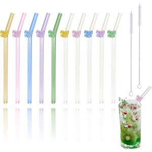Ribbon Reusable Glass Straws with Charms, Cute Bow Shaped Charm Glass Straw with Cleaning Brush for Coffee, Smoothies, Milkshake, Frozen Drinks, Tea, Juice,Aesthetic Gift