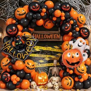 Halloween Balloon Garland Arch Kit, 122 Pcs Orange and Black Printed Latex Balloons with Pumpkin Bat Foil Balloons for Halloween Birthday Party Decor Indoor Outdoor