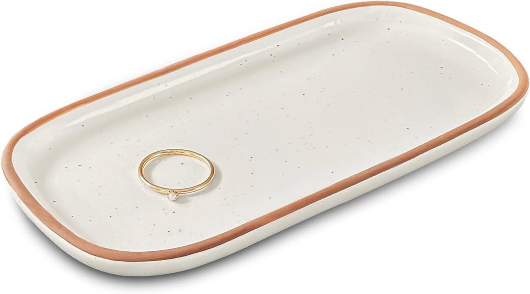 Mora Ceramic Decorative Tray - Rectangle 6.4in Dish for Jewelry, Perfume, Makeup, Accessories, Candle, in The Bathroom Vanity, Bedside, or Kitchen Counter. Cute Organizers - White (6.4" x 3.2" x 0.6")
