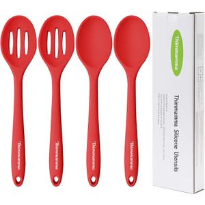 Silicone Spoons for Cooking, Heat Resistant Slotted Solid Silicone Kitchen Spoons Set, Red BPA Free Mixing Spoons Basting Spoon Stirring Spoon for Nonstick Cookware, 4 Pack