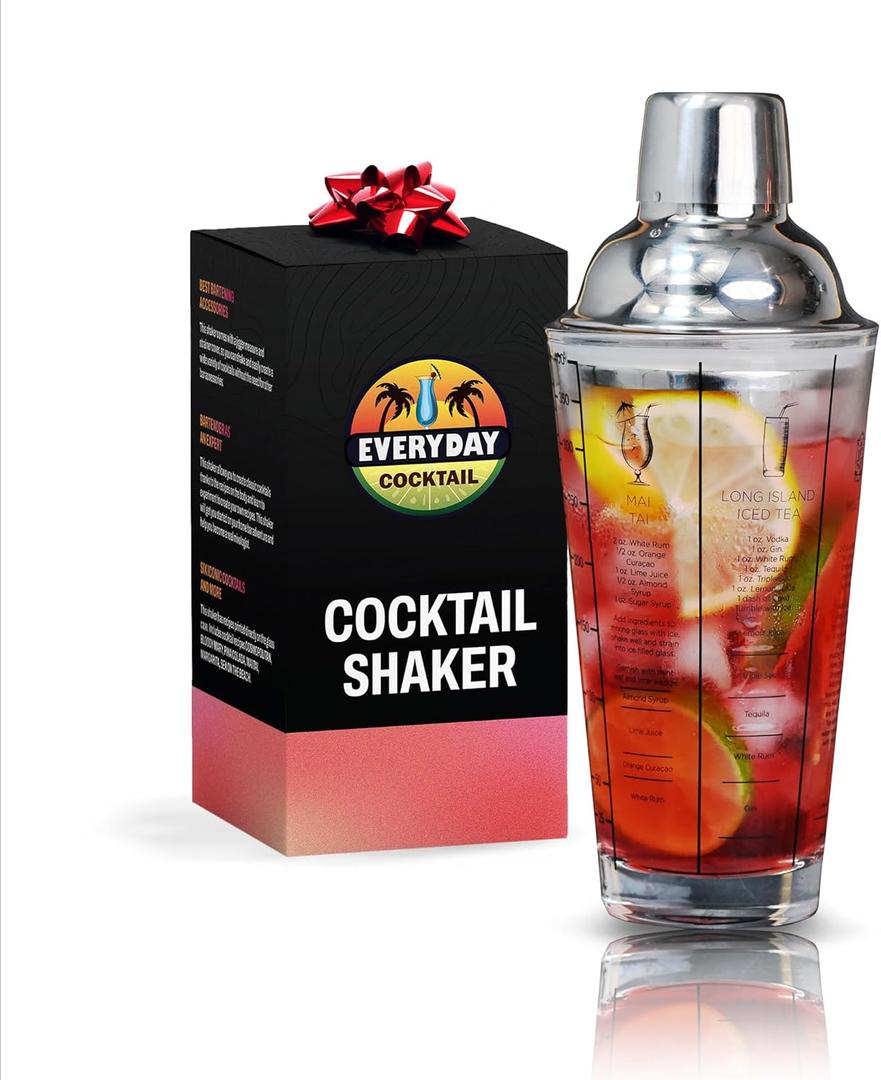 EVERYDAY COCKTAIL - Professional Glass Cocktail Shaker 14 oz, Martini Shaker with Recipes and Measurements, Built-in Strainer and Leakproof Seal, Clear Bar Tool for Margaritas, Martinis