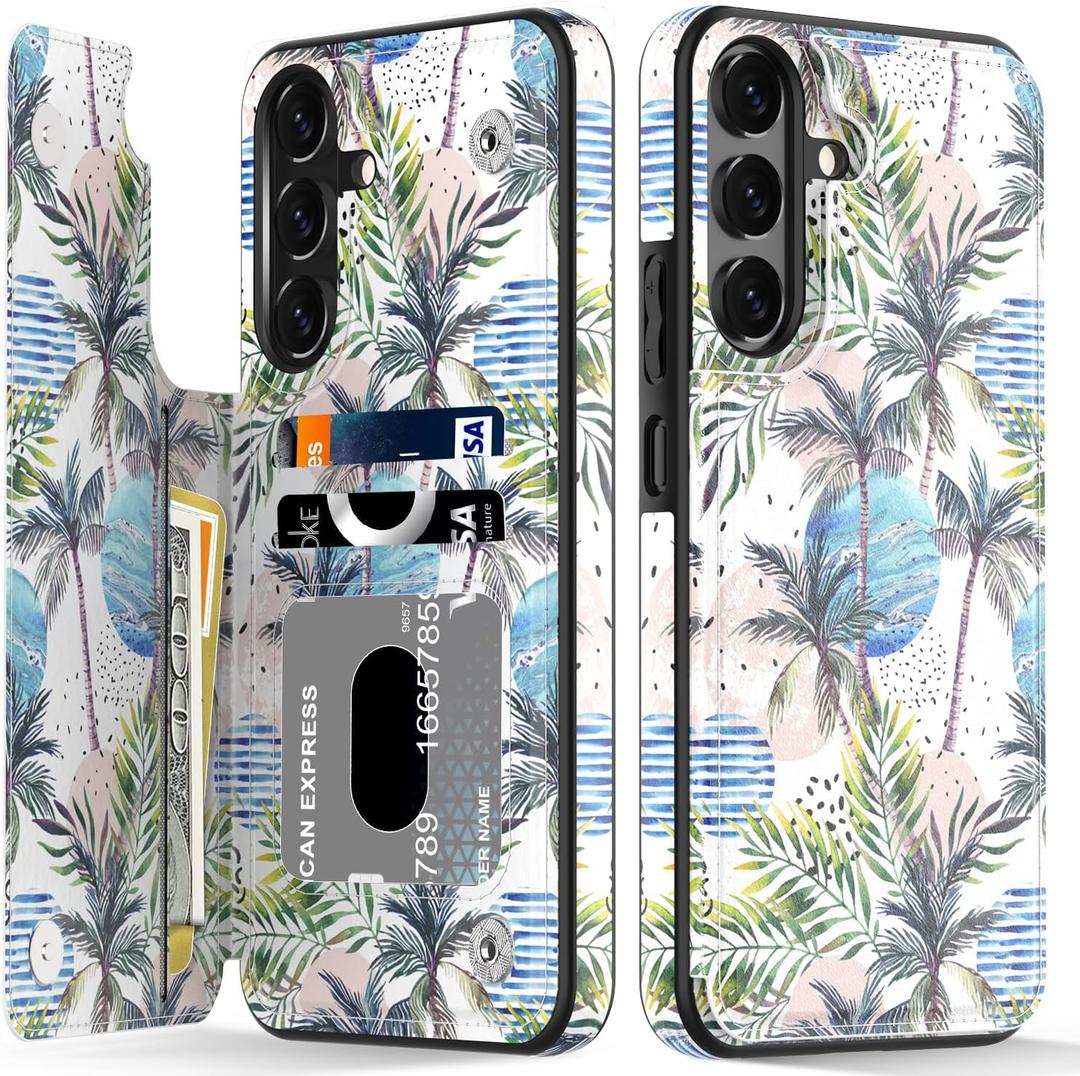 LETO for Samsung Galaxy A15 5G Wallet Case - Flip Folio Leather Kickstand - Credit Card Holder - Fashionable Flower Designs - Protective Phone Cover for Women and Girls - 6.5" - Coconut Trees