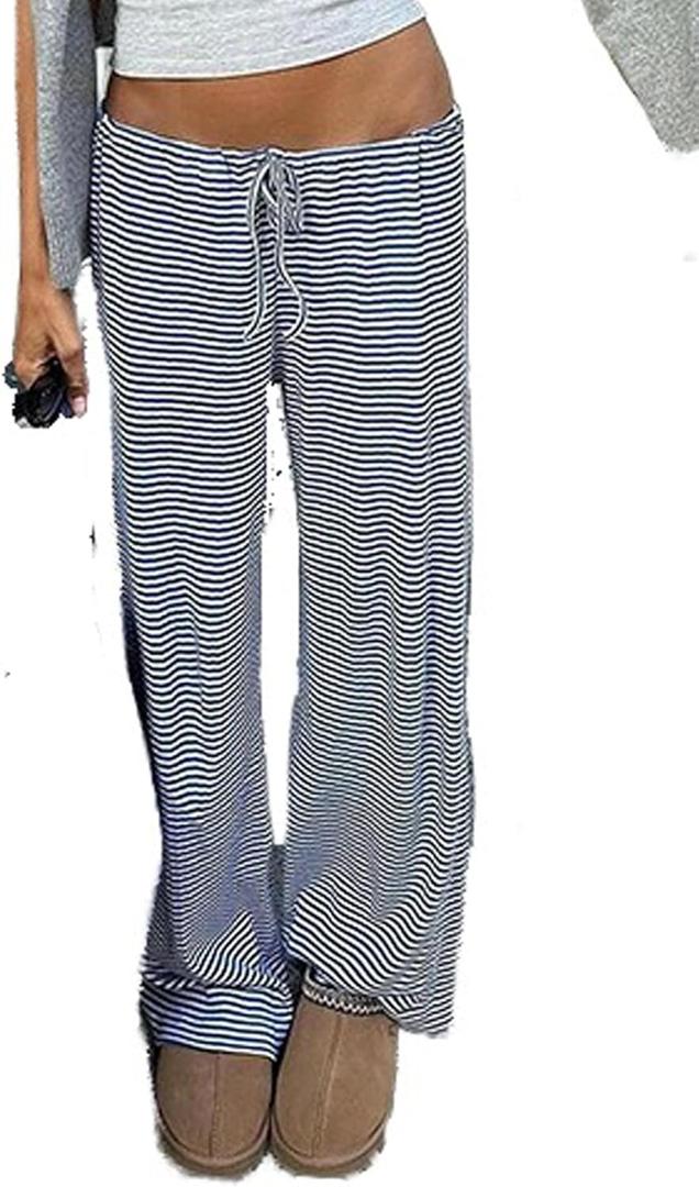 Women's Comfy Pajama Loose Casual Drawstring Lounge Pants - Striped Print Stretch Wide Leg (X-Large, Blue)