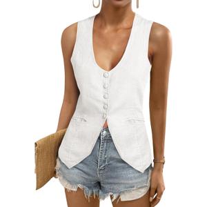 Tankaneo Womens Scoop Neck Blazer Vest Summer Linen Sleeveless Fitted Waistcoat Work Casual Cotton Suit Tops (White, M)